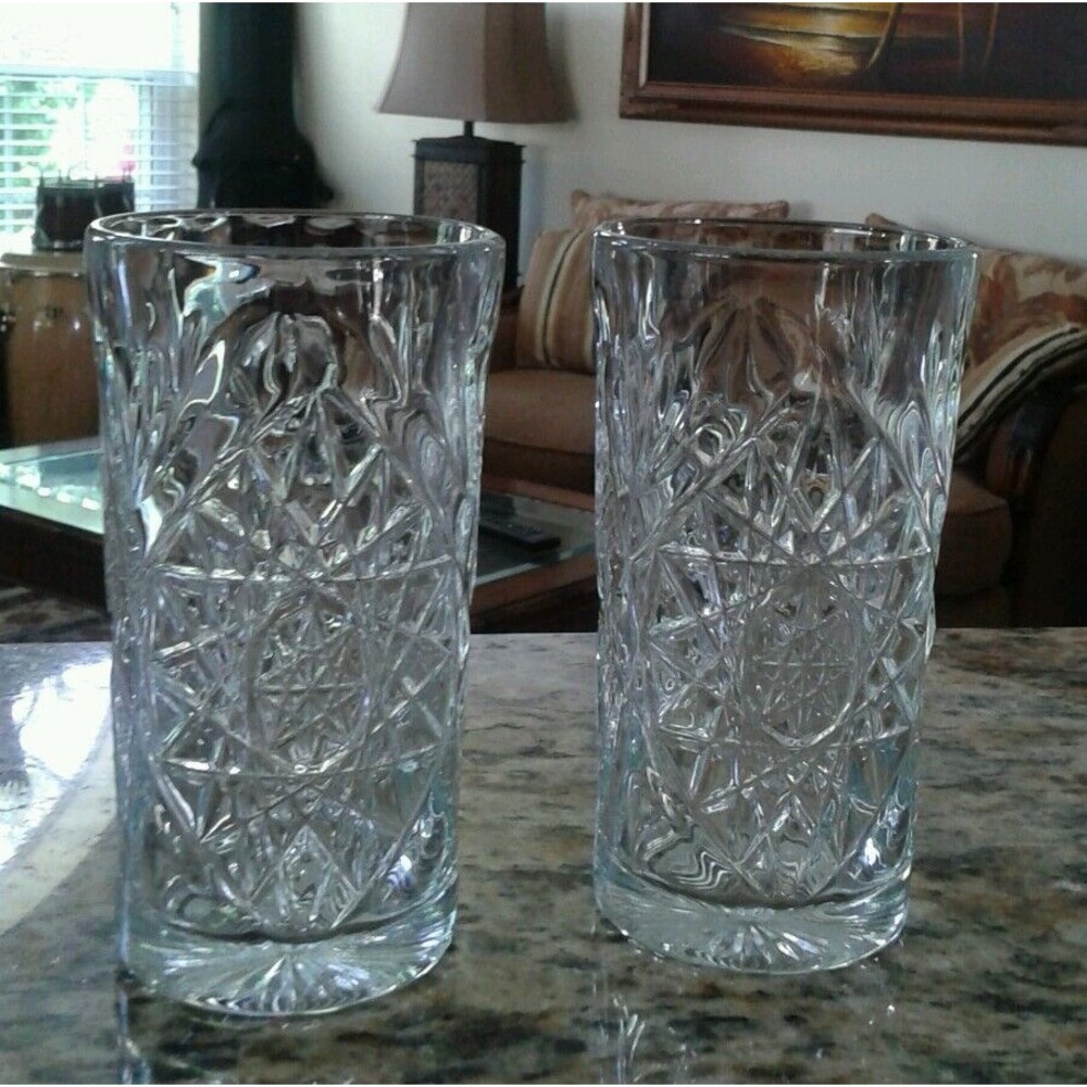 Set Of (2) Libbey Rock Clear Glass Highball Water Tumblers Sharpe HobStar, USA